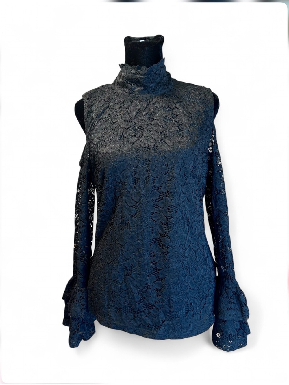 DISCOVERY Black Lace Cold-Shoulder Mock Neck Top M, Long Sleeves W/Bell Design.